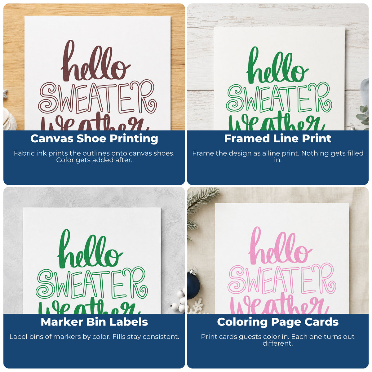 Four ways to use the Hello Sweater Weather Lettering Rubber Stamp – Duo Hand: canvas shoe printing, framed line print, marker bin labels and coloring page cards.