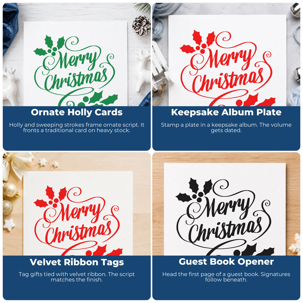 Four ways to use the Merry Christmas Holly Flourishes Frame Accent Pre-Inked Stamp – Slim: ornate holly cards, keepsake album plate, velvet ribbon tags and guest book opener.