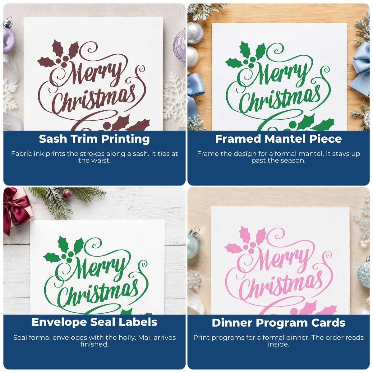 Four ways to use the Merry Christmas Holly Flourishes Frame Accent Pre-Inked Stamp – Slim: sash trim printing, framed mantel piece, envelope seal labels and dinner program cards.