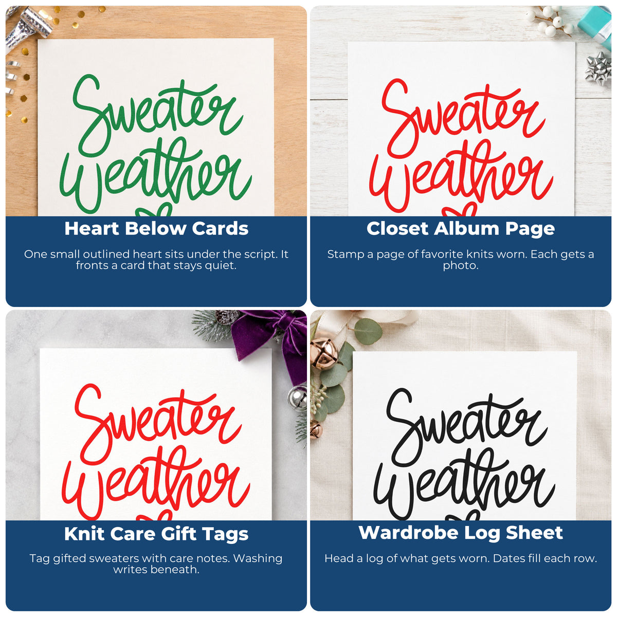 Four ways to use the Sweater Weather Little Heart Slim Pre-Inked Stamp: heart below cards, closet album page, knit care gift tags and wardrobe log sheet.