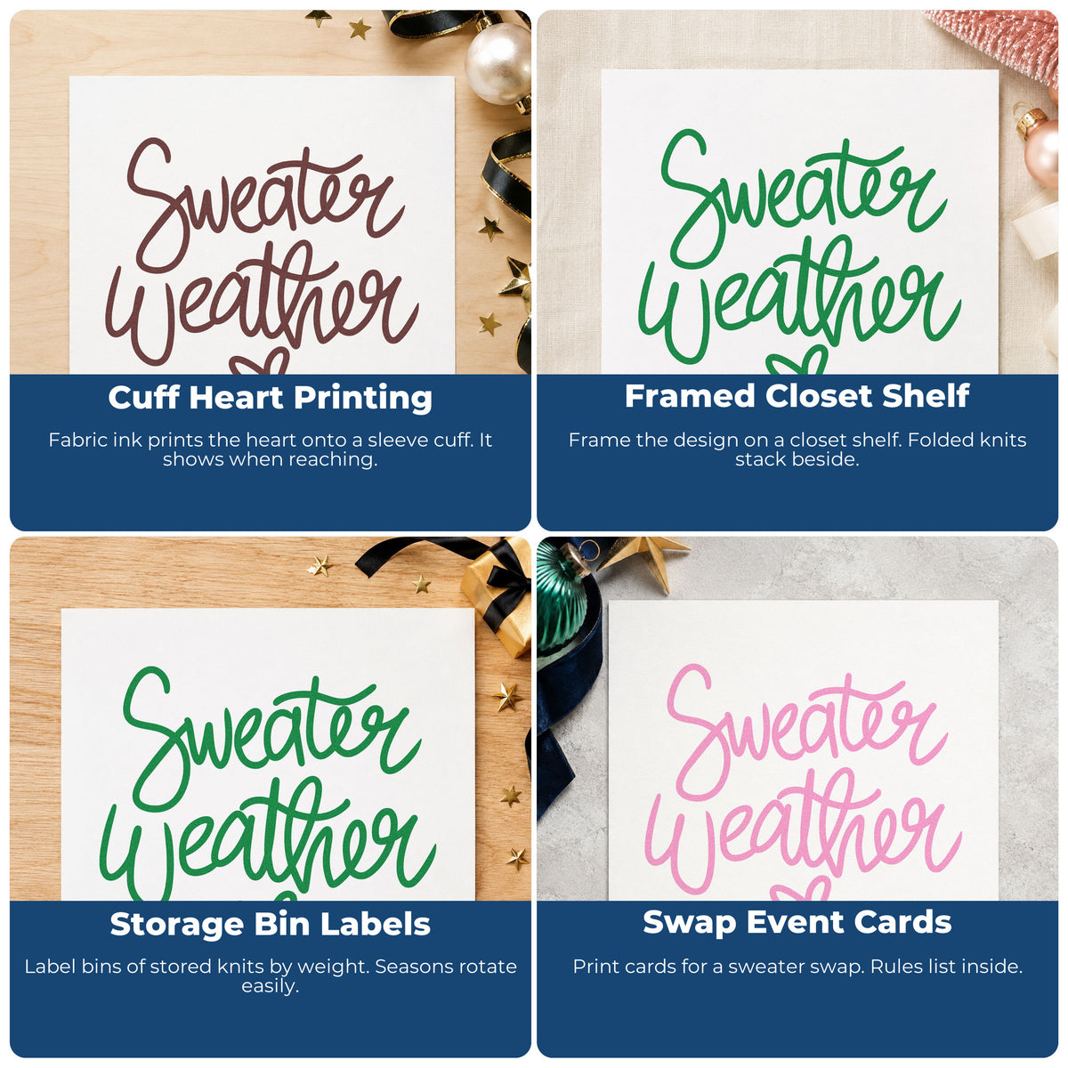 Four ways to use the Sweater Weather Little Heart Rubber Stamp – Wood Handle: cuff heart printing, framed closet shelf, storage bin labels and swap event cards.