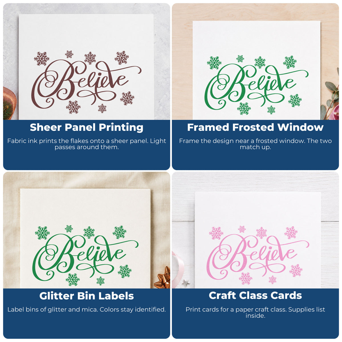 Four ways to use the Wood Handle Believe Surrounded By Snowflakes Script Lettering Rubber Stamp: sheer panel printing, framed frosted window, glitter bin labels and craft class cards.