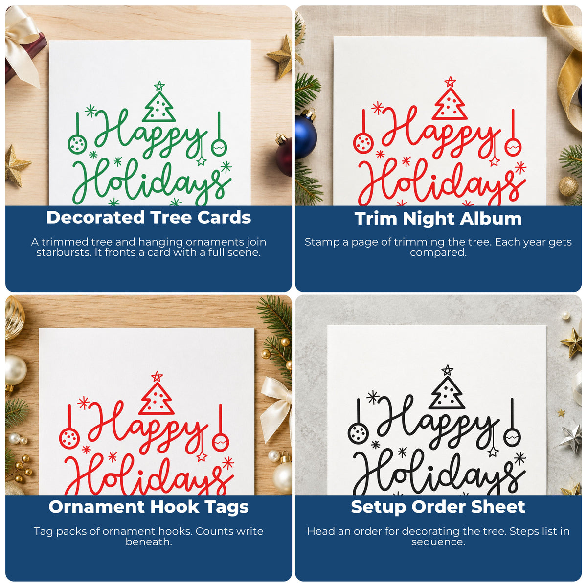 Four ways to use the Happy Holidays Tree Ornaments Stamp – PSI Pre-Inked: decorated tree cards, trim night album, ornament hook tags and setup order sheet.