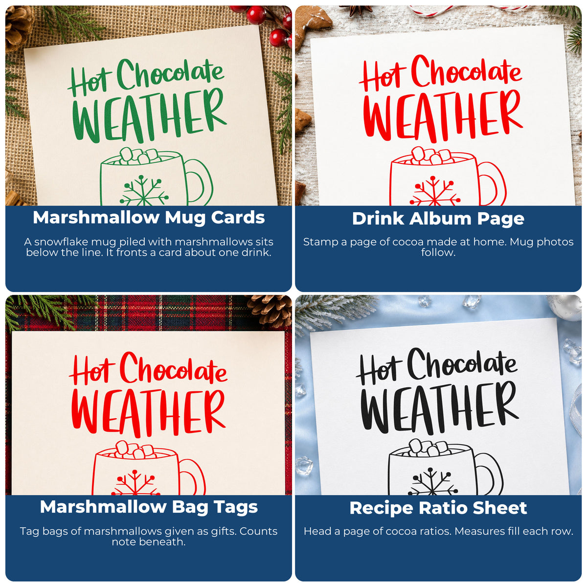 Four ways to use the Hot Chocolate Weather Mug Snowflakes Stamp – Slim Pre-Inked: marshmallow mug cards, drink album page, marshmallow bag tags and recipe ratio sheet.