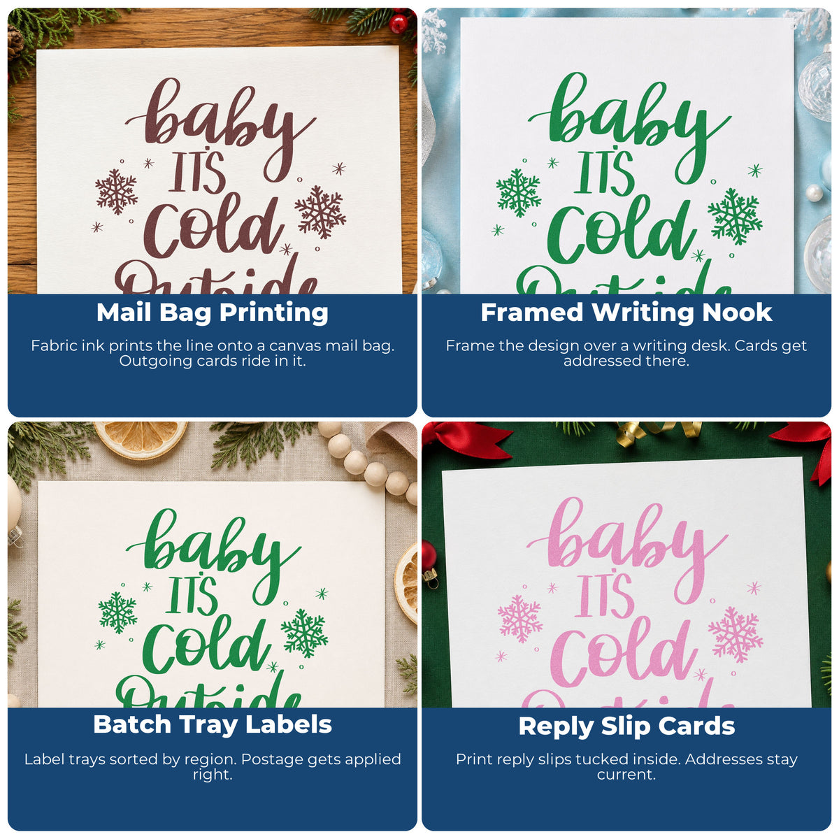 Four ways to use the Baby Cold Outside Snowflakes Script Lettering Rubber Stamp – Wood Handle: mail bag printing, framed writing nook, batch tray labels and reply slip cards.
