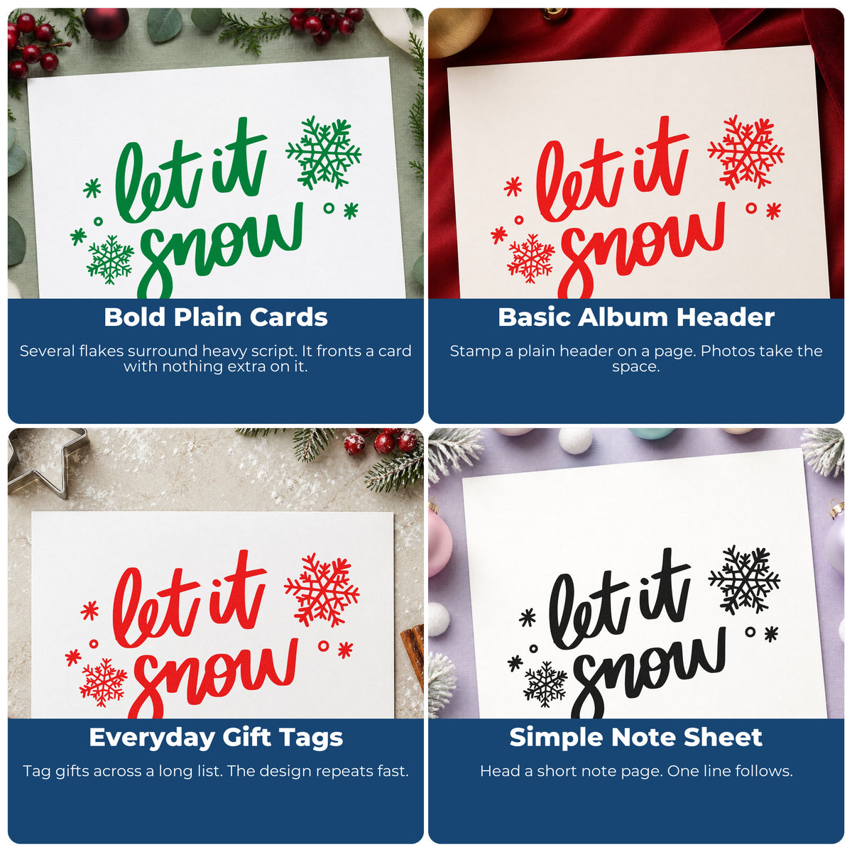 Four ways to use the Let It Snow Script Snowflakes Flowing Script Stamp - Premium Vintage Pro Wooden: bold plain cards, basic album header, everyday gift tags and simple note sheet.