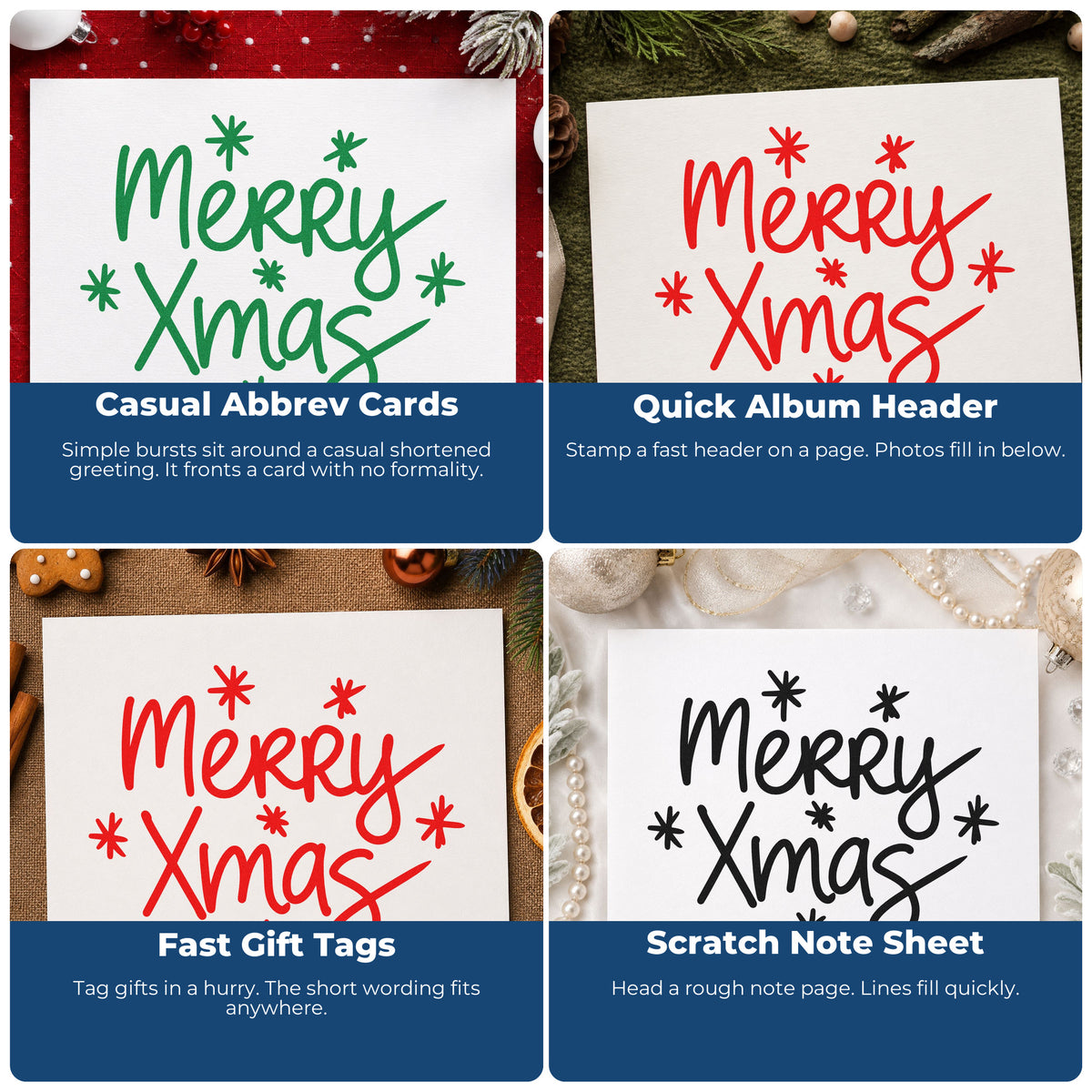 Four ways to use the Merry Xmas Starbursts With Sparkles PSI Pre-Inked Stamp: casual abbrev cards, quick album header, fast gift tags and scratch note sheet.