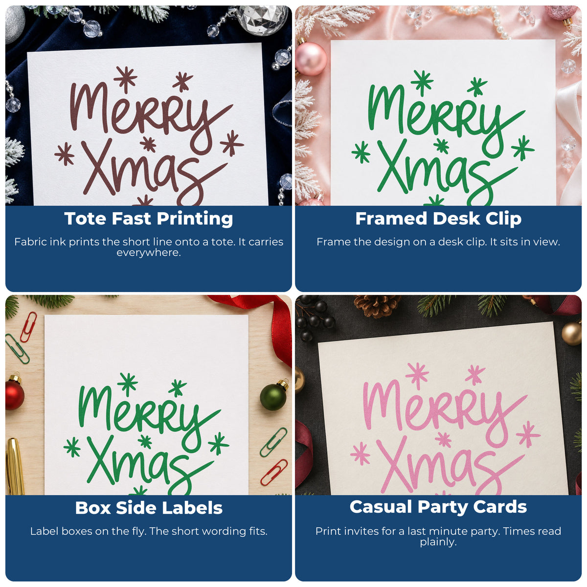 Four ways to use the Merry Xmas Starbursts With Sparkles Hand Stamp – Duo: tote fast printing, framed desk clip, box side labels and casual party cards.