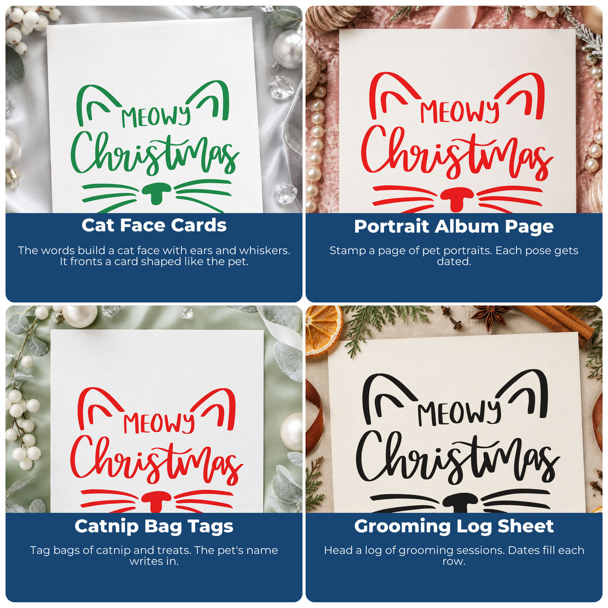 Four ways to use the Meowy Christmas Cat Face Lettering Pre-Inked Stamp – Slim: cat face cards, portrait album page, catnip bag tags and grooming log sheet.