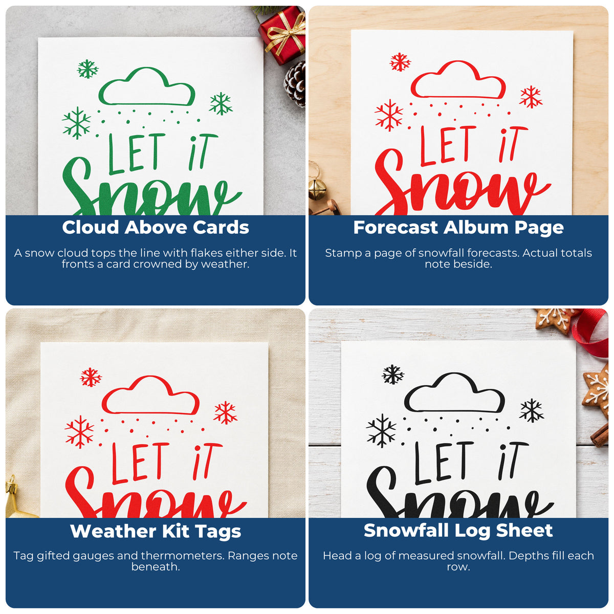 Four ways to use the Let It Snow Cloud Snowflakes Rubber Stamp – Wood Handle: cloud above cards, forecast album page, weather kit tags and snowfall log sheet.