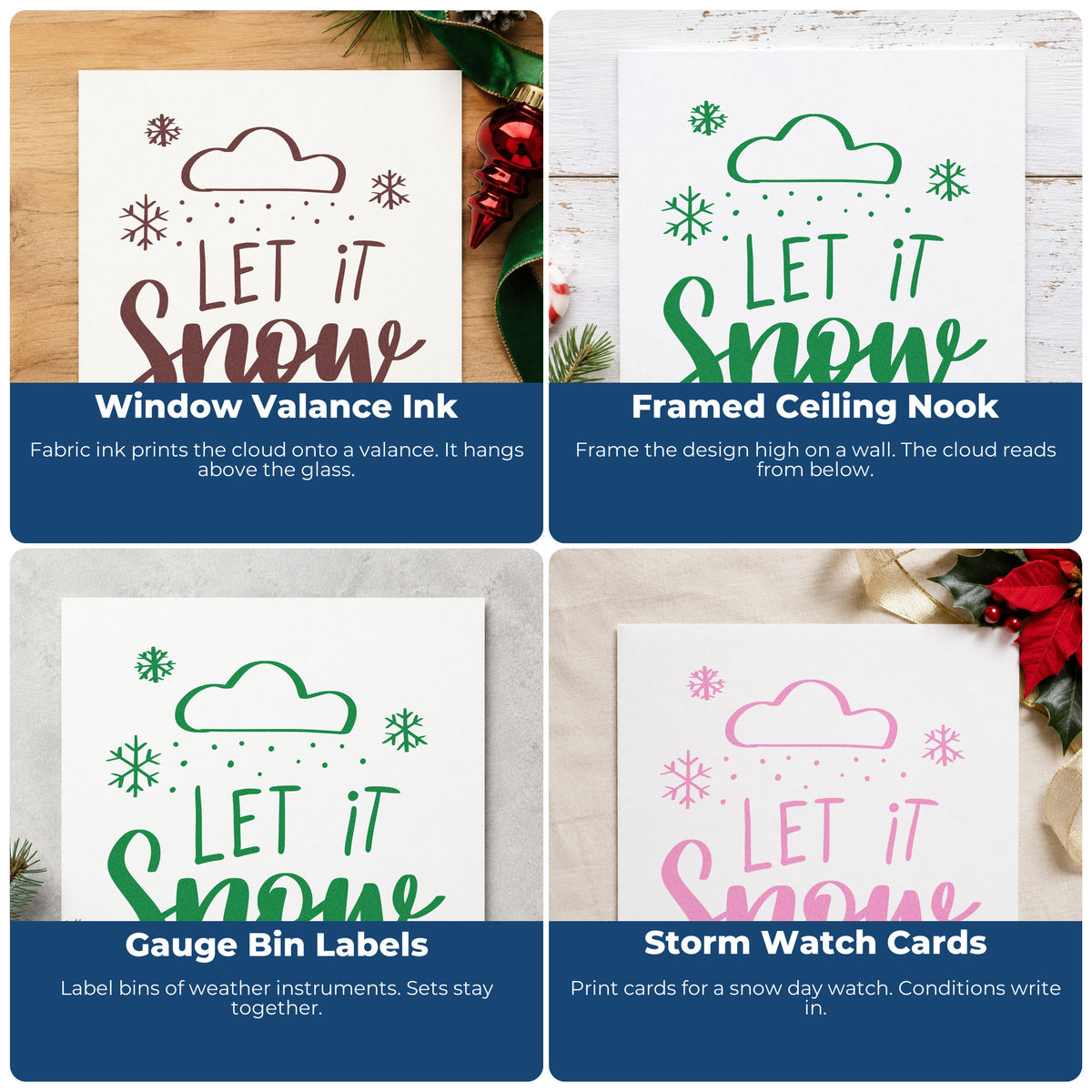 Four ways to use the Let It Snow Cloud Snowflakes Rubber Stamp – Wood Handle: window valance ink, framed ceiling nook, gauge bin labels and storm watch cards.