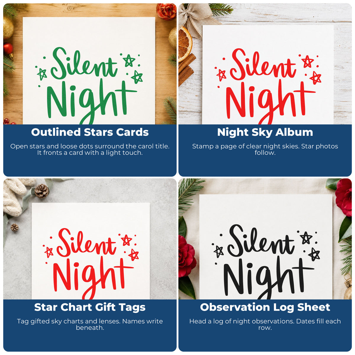Four ways to use the Silent Night Stamp - Premium Vintage Pro Wooden: outlined stars cards, night sky album, star chart gift tags and observation log sheet.
