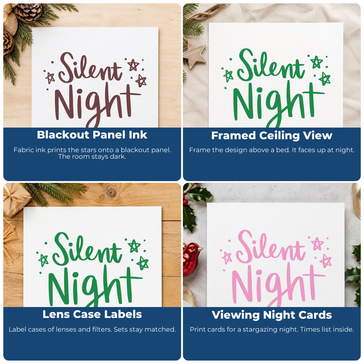 Four ways to use the Silent Night Craft Stamp – Self-Inking: blackout panel ink, framed ceiling view, lens case labels and viewing night cards.