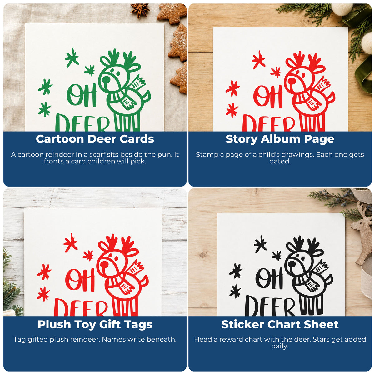Four ways to use the Oh Deer Cartoon Reindeer Rubber Stamp – Duo Hand: cartoon deer cards, story album page, plush toy gift tags and sticker chart sheet.