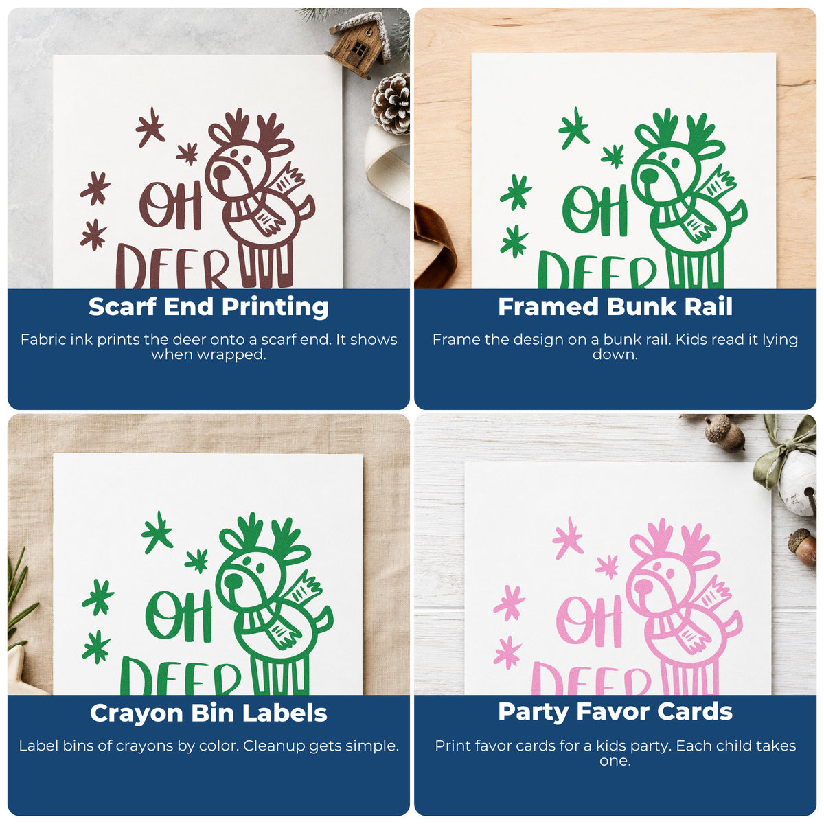 Four ways to use the Oh Deer Cartoon Reindeer Rubber Stamp – Duo Hand: scarf end printing, framed bunk rail, crayon bin labels and party favor cards.