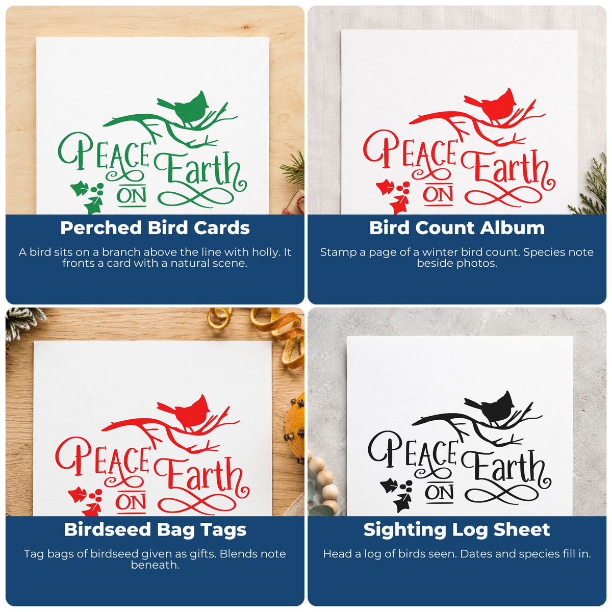 Four ways to use the PSI Pre-Inked Peace On Earth Bird Branch Holly Stamp: perched bird cards, bird count album, birdseed bag tags and sighting log sheet.