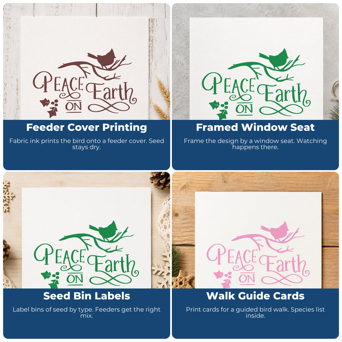 Four ways to use the Peace On Earth Bird Branch Holly Stamp – Self-Inking: feeder cover printing, framed window seat, seed bin labels and walk guide cards.
