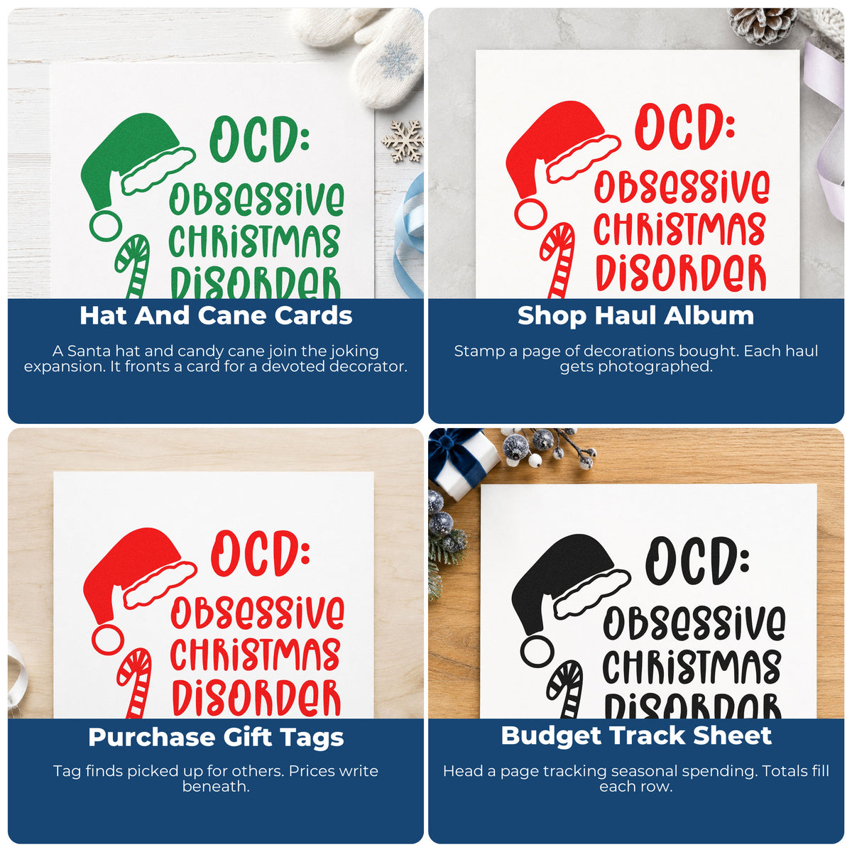 Four ways to use the Obsessive Christmas Disorder Hat Candy Cane Self-Inking Stamp: hat and cane cards, shop haul album, purchase gift tags and budget track sheet.