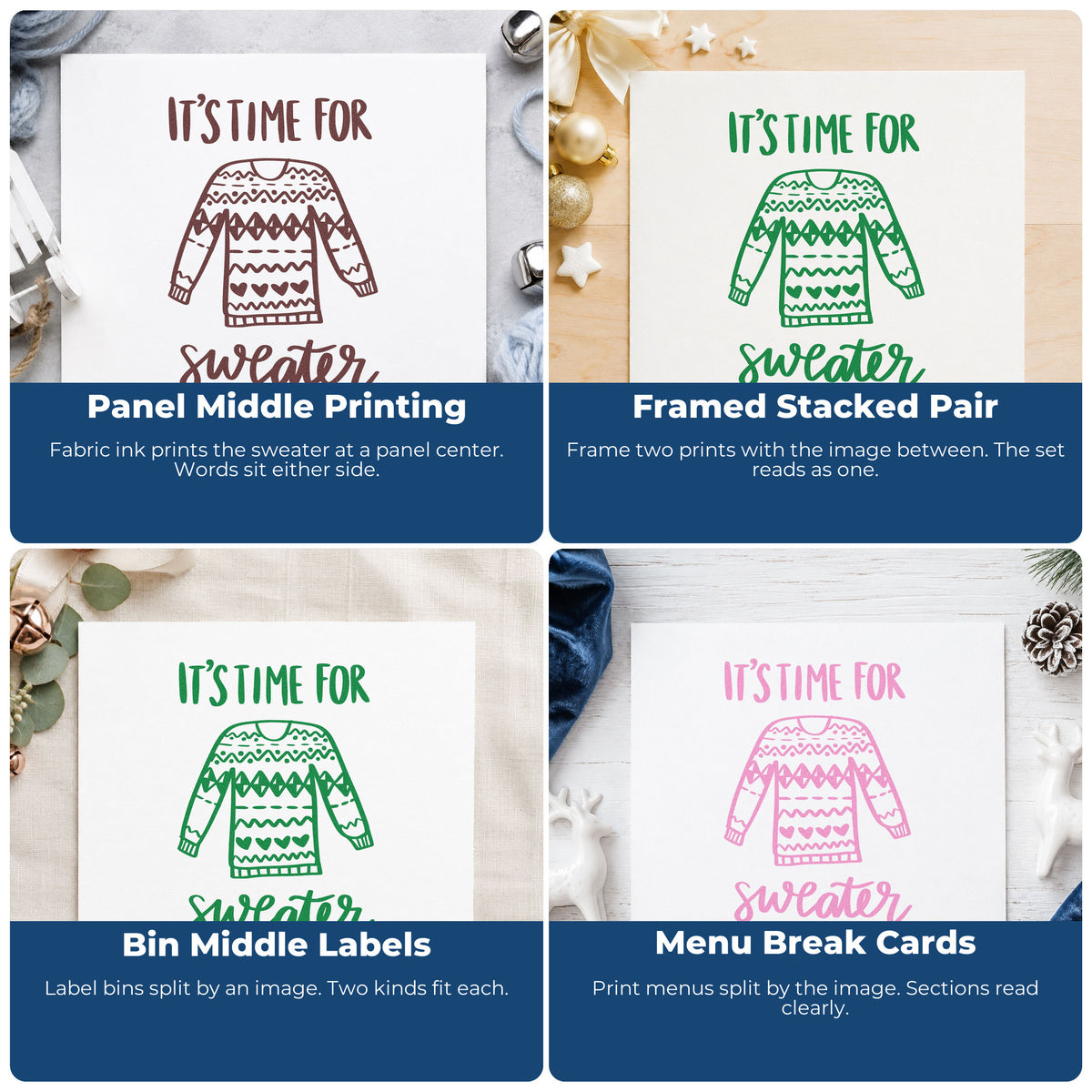 Four ways to use the Time For Sweater Weather PSI Pre-Inked Stamp: panel middle printing, framed stacked pair, bin middle labels and menu break cards.