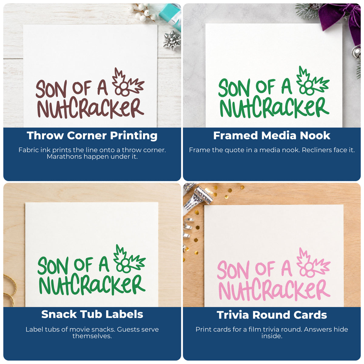 Four ways to use the Son Of A Nutcracker Stamp – PSI Pre-Inked: throw corner printing, framed media nook, snack tub labels and trivia round cards.