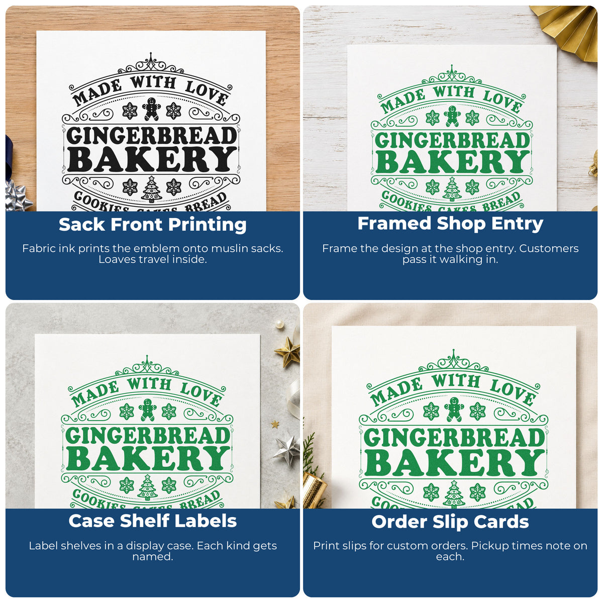 Four ways to use the Made With Love Gingerbread Bakery Tree Motif Hand Stamp – Duo: sack front printing, framed shop entry, case shelf labels and order slip cards.
