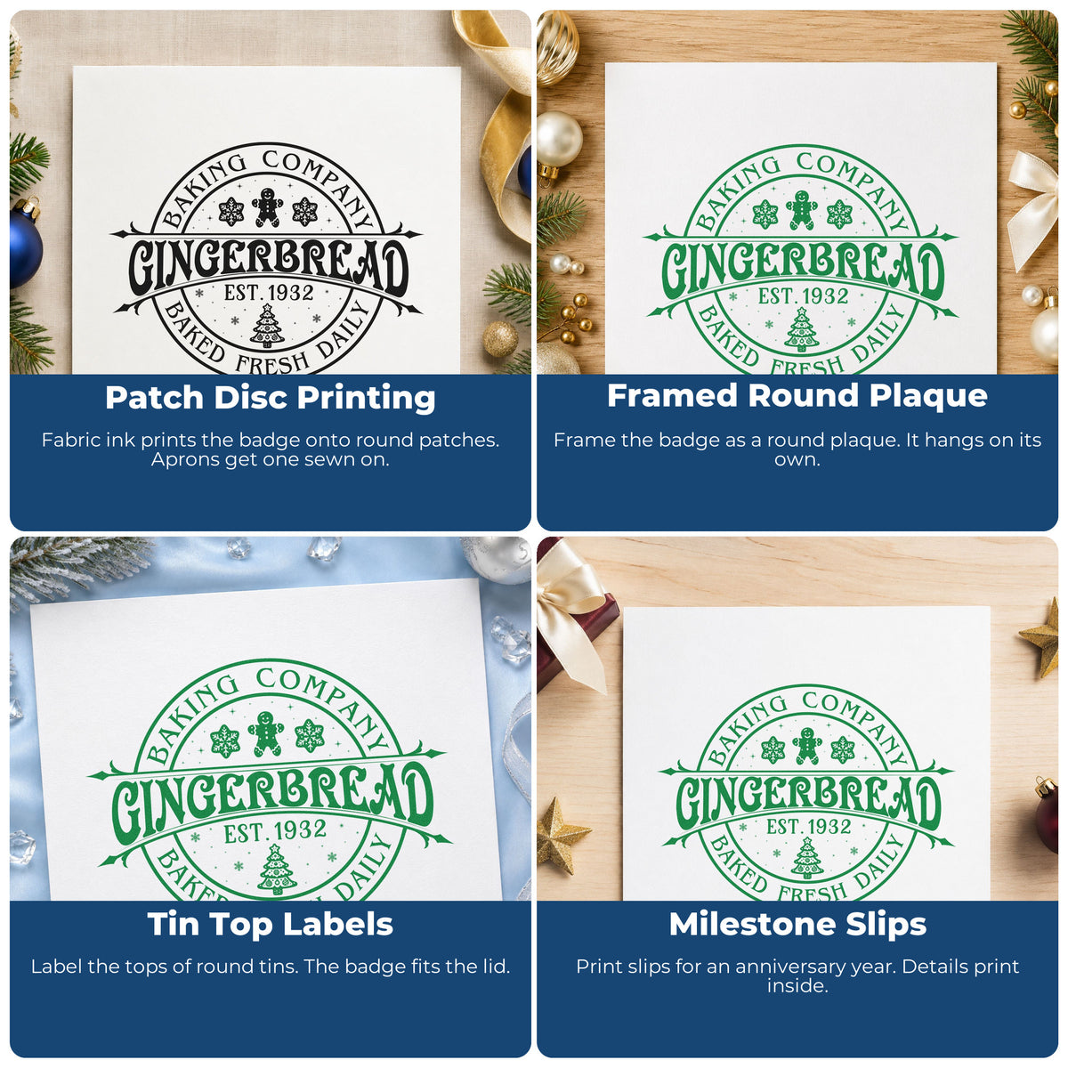 Four ways to use the Baking Company Gingerbread Est. 1932 Baked Fresh Daily Slim Pre-Inked Stamp: patch disc printing, framed round plaque, tin top labels and milestone slips.
