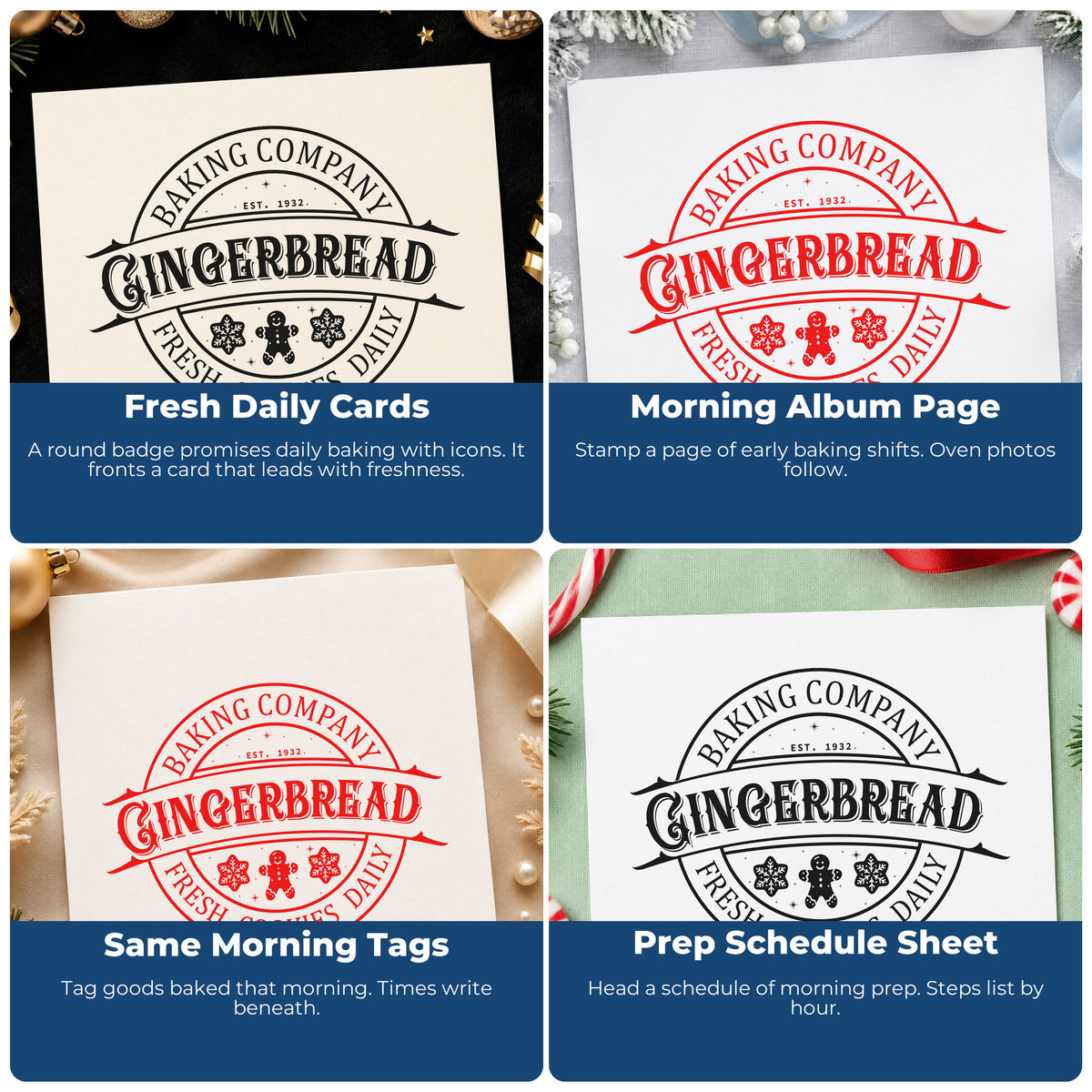 Four ways to use the Gingerbread Fresh Cookies Daily Pre-Inked Stamp – Slim: fresh daily cards, morning album page, same morning tags and prep schedule sheet.