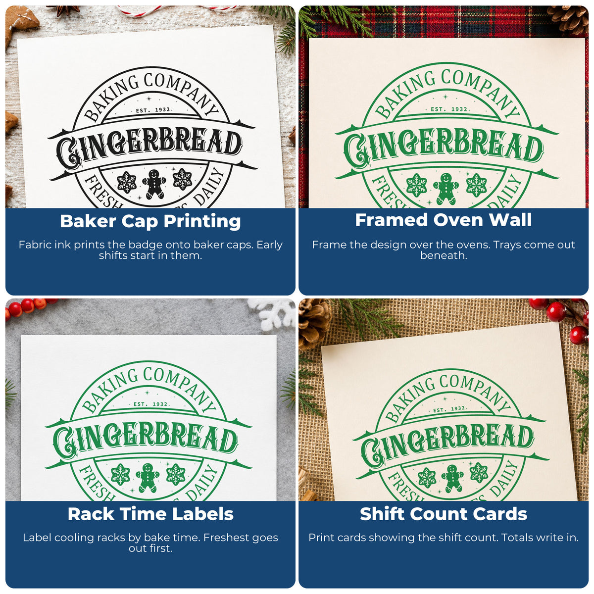 Four ways to use the Gingerbread Fresh Cookies Daily Craft Stamp – Self-Inking: baker cap printing, framed oven wall, rack time labels and shift count cards.