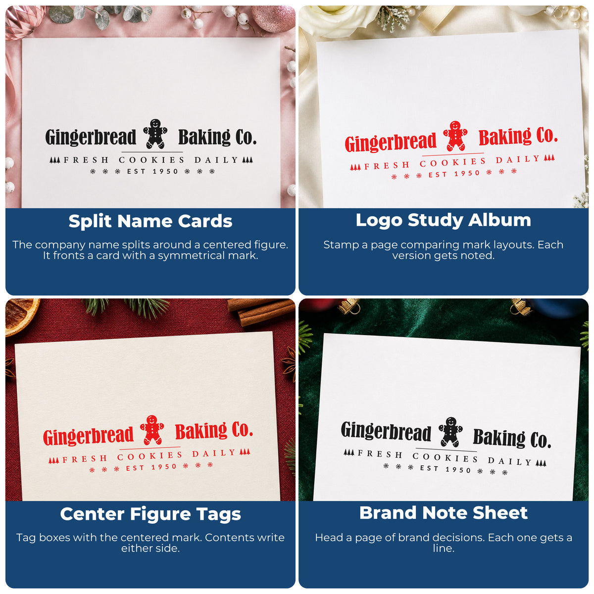 Four ways to use the Gingerbread Baking Company Horizontal Stamp – Wood Handle: split name cards, logo study album, center figure tags and brand note sheet.