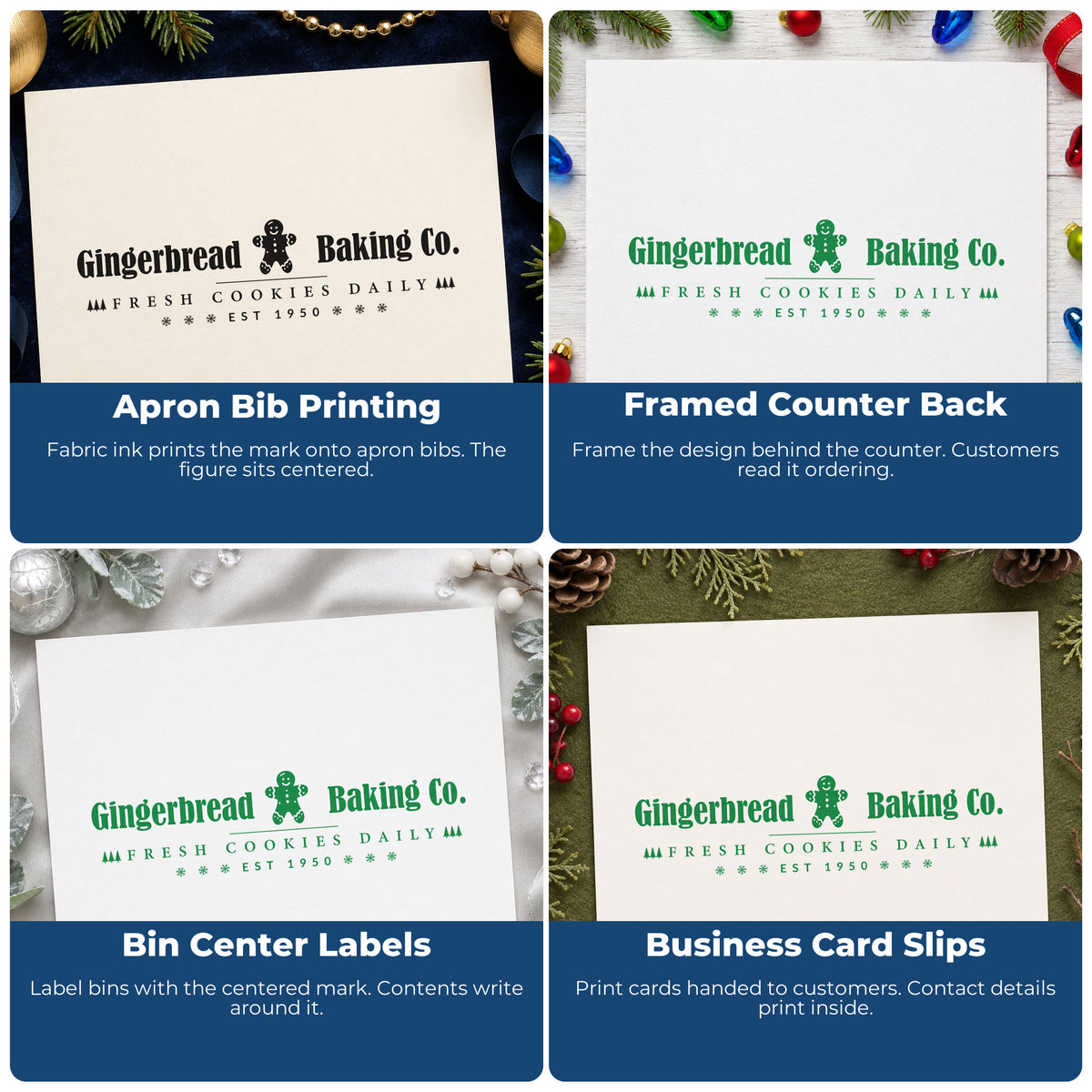 Four ways to use the Gingerbread Baking Company Horizontal Premium Wooden Stamp - Vintage Pro: apron bib printing, framed counter back, bin center labels and business card slips.