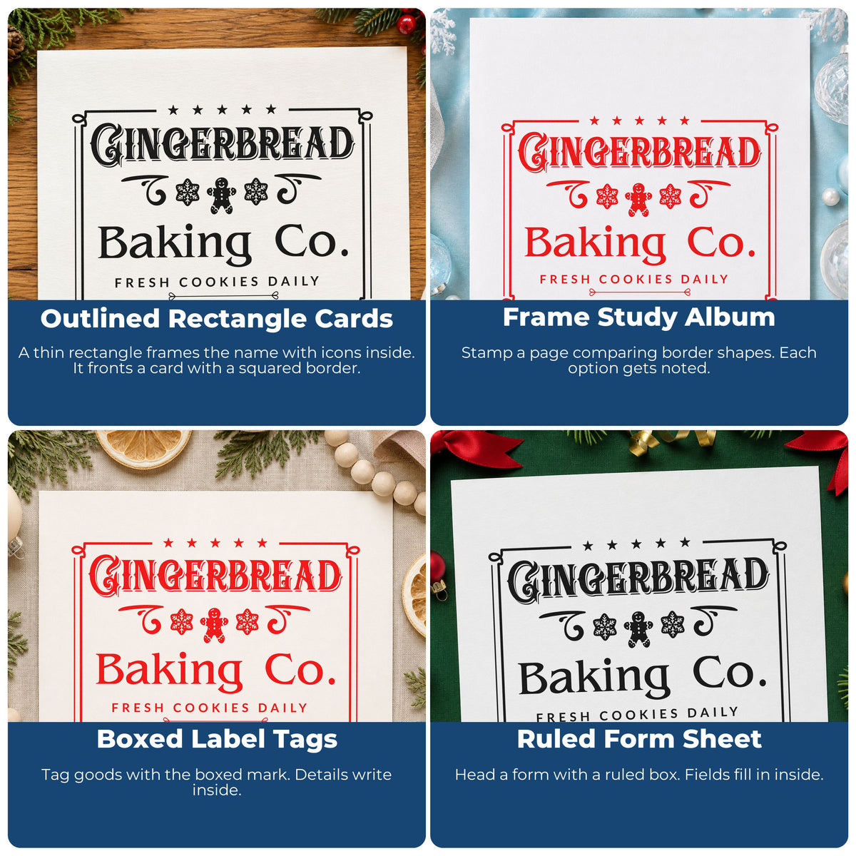 Four ways to use the Gingerbread Baking Company Framed Snowflakes Slim Pre-Inked Stamp: outlined rectangle cards, frame study album, boxed label tags and ruled form sheet.