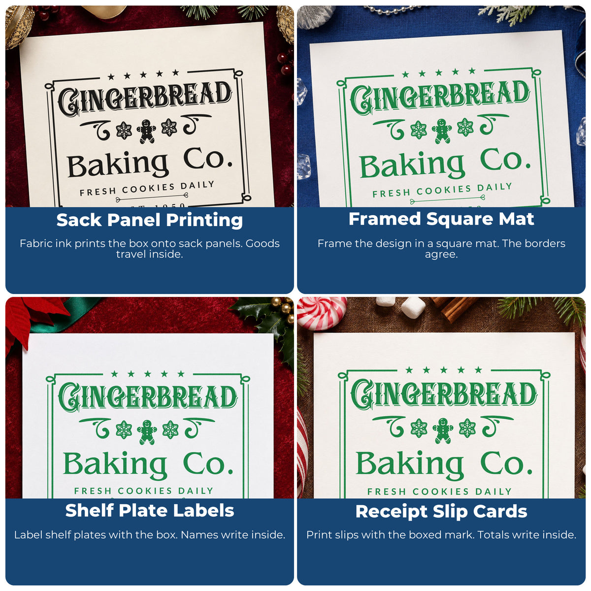 Four ways to use the Gingerbread Baking Company Framed Snowflakes Slim Pre-Inked Stamp: sack panel printing, framed square mat, shelf plate labels and receipt slip cards.