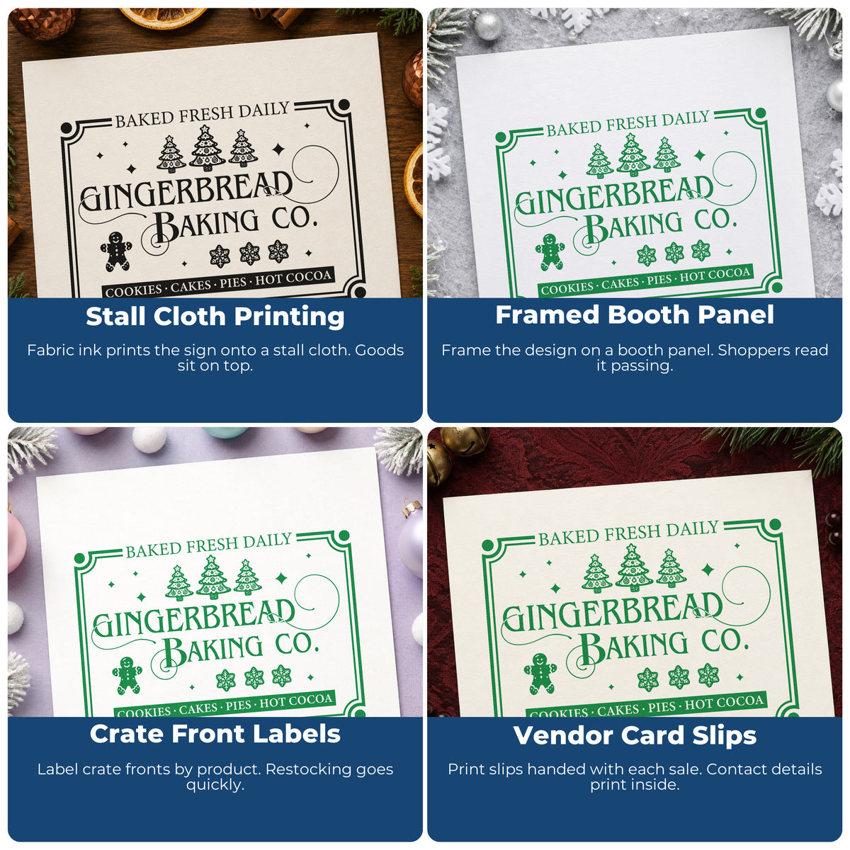 Four ways to use the Gingerbread Baking Company Daily Pre-Inked Stamp – PSI: stall cloth printing, framed booth panel, crate front labels and vendor card slips.