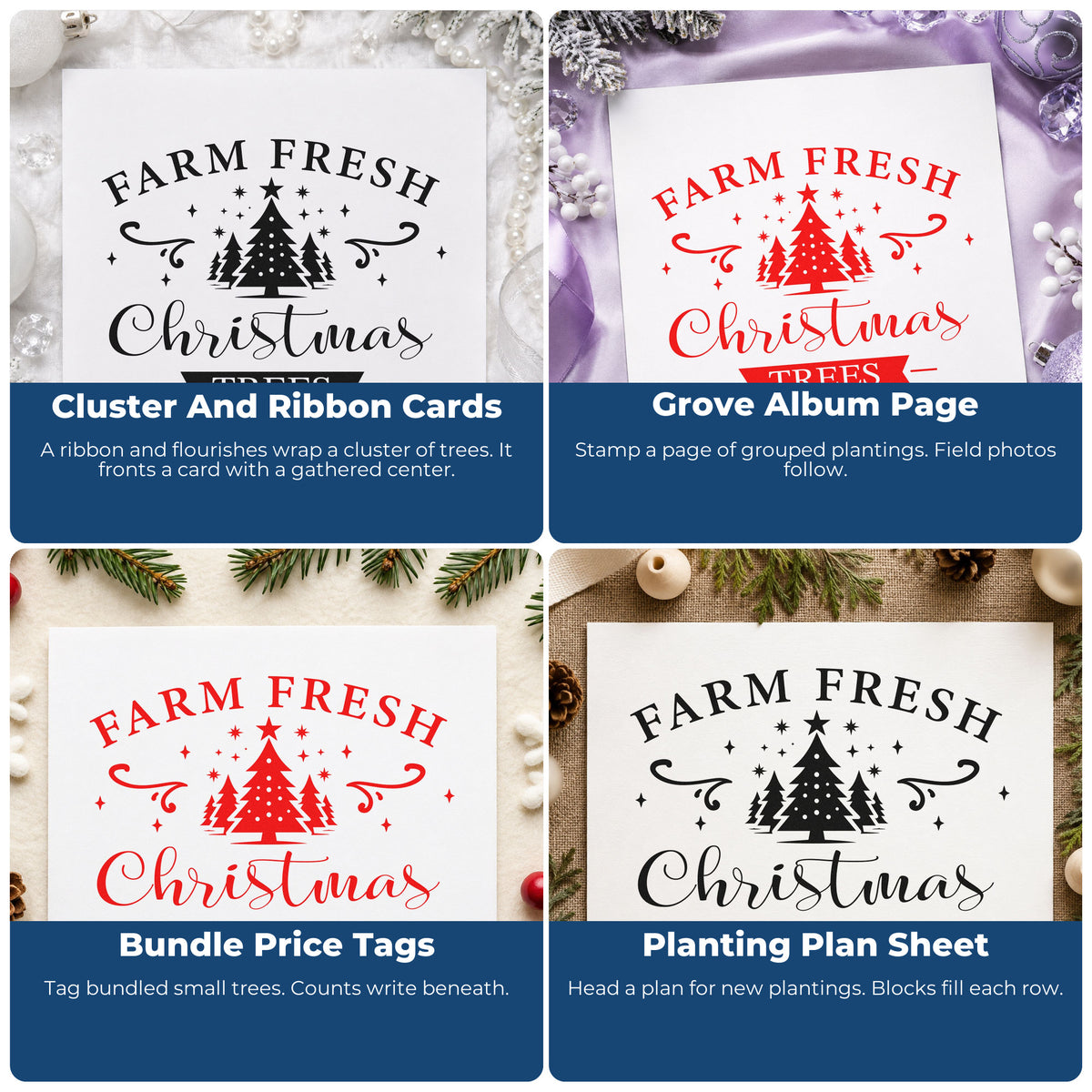 Four ways to use the Premium Wooden Farm Fresh Christmas Trees Emblem With Stars Stamp - Vintage Pro: cluster and ribbon cards, grove album page, bundle price tags and planting plan sheet.