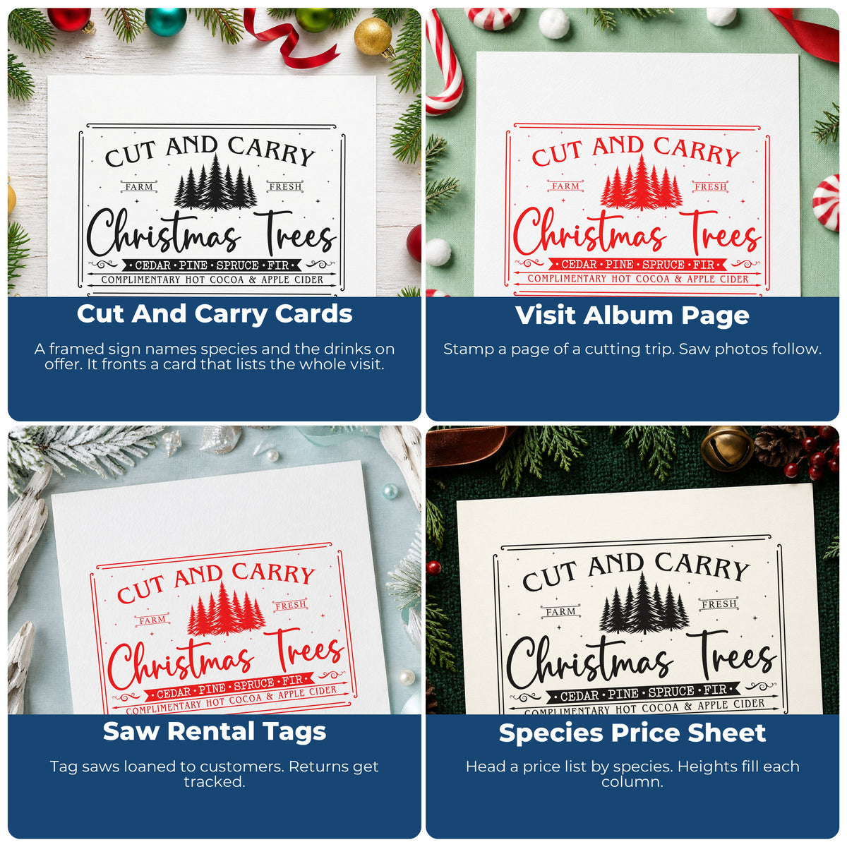 Four ways to use the Cut And Carry Christmas Trees Rubber Stamp – Wood Handle: cut and carry cards, visit album page, saw rental tags and species price sheet.