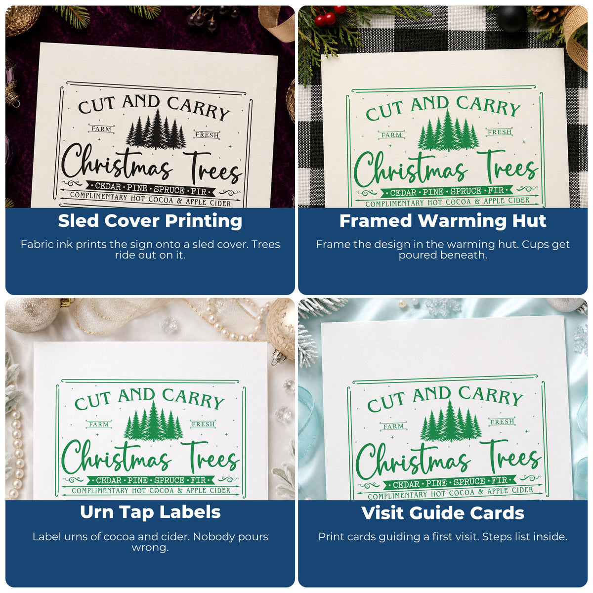 Four ways to use the Cut And Carry Christmas Trees Pre-Inked Stamp – PSI: sled cover printing, framed warming hut, urn tap labels and visit guide cards.