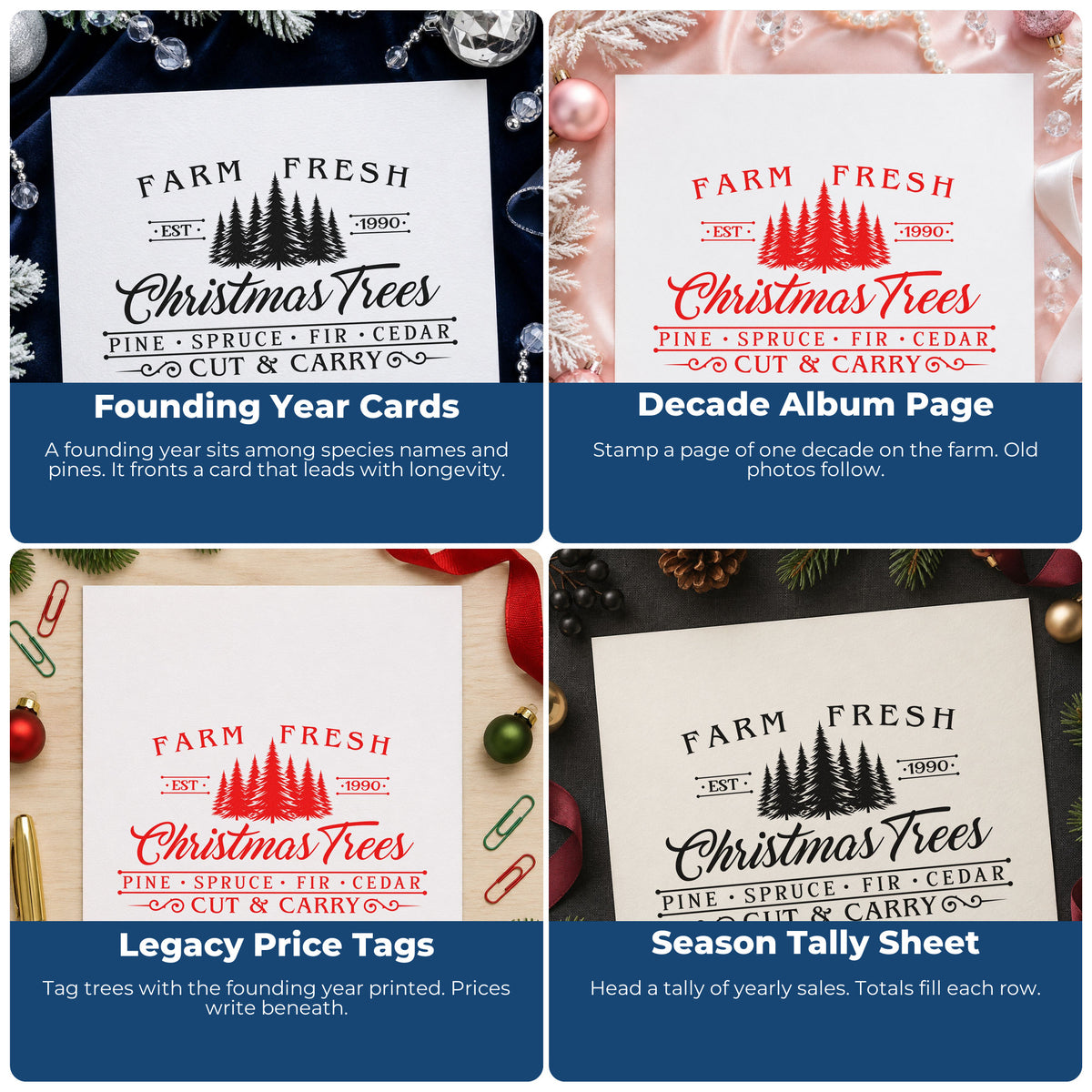 Four ways to use the Farm Fresh Trees Est 1990 Pine Motif Rubber Stamp – Duo Hand: founding year cards, decade album page, legacy price tags and season tally sheet.