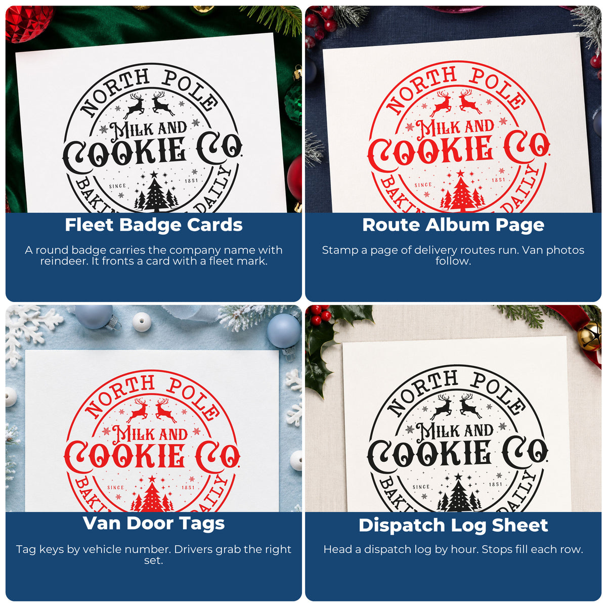 Four ways to use the North Pole Cookie Company Badge Stamp – PSI Pre-Inked: fleet badge cards, route album page, van door tags and dispatch log sheet.