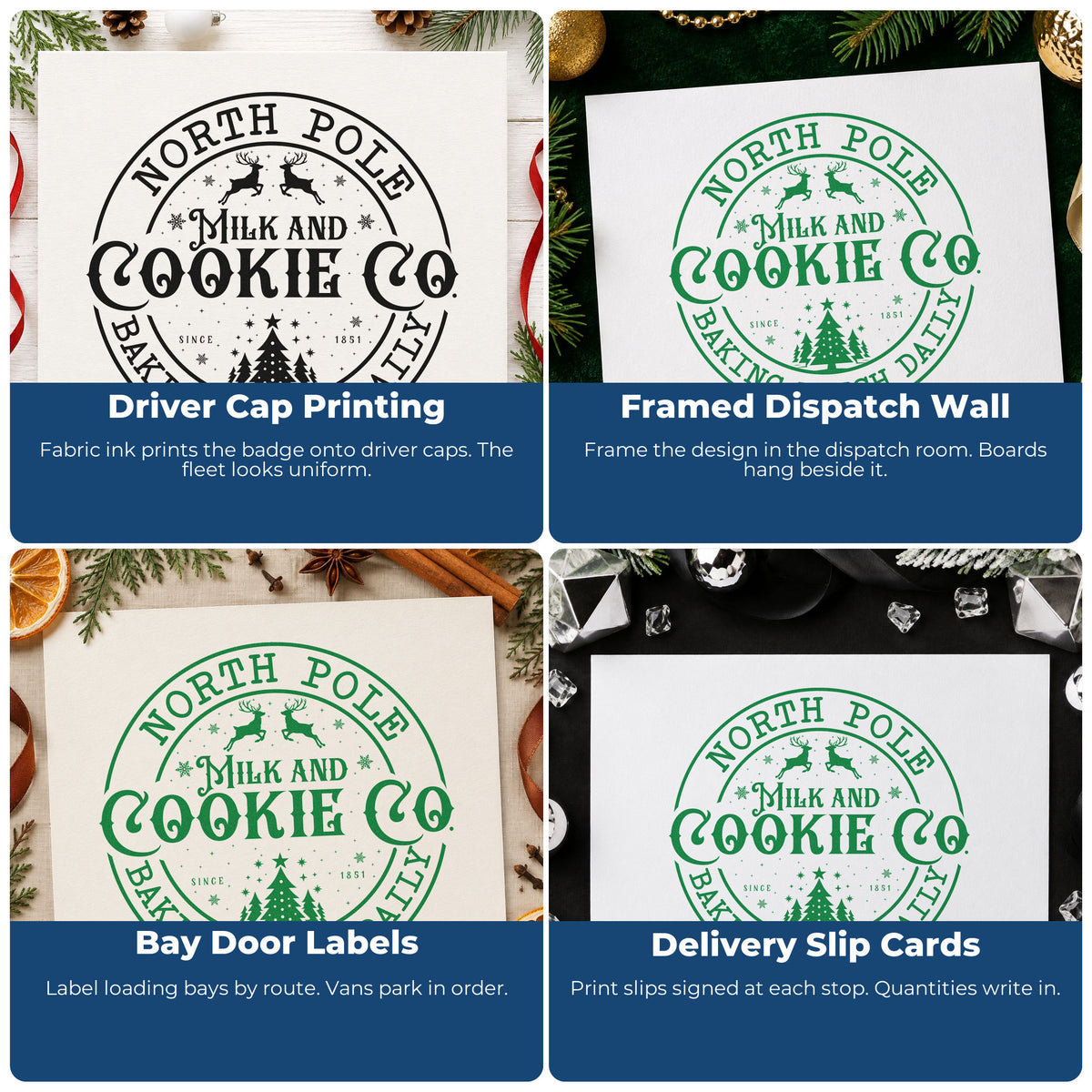Four ways to use the North Pole Cookie Company Badge Stamp – PSI Pre-Inked: driver cap printing, framed dispatch wall, bay door labels and delivery slip cards.