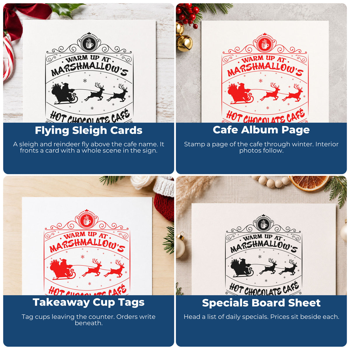 Four ways to use the Warm Up At Marshmallow's Hot Chocolate Cafe Self-Inking Stamp: flying sleigh cards, cafe album page, takeaway cup tags and specials board sheet.