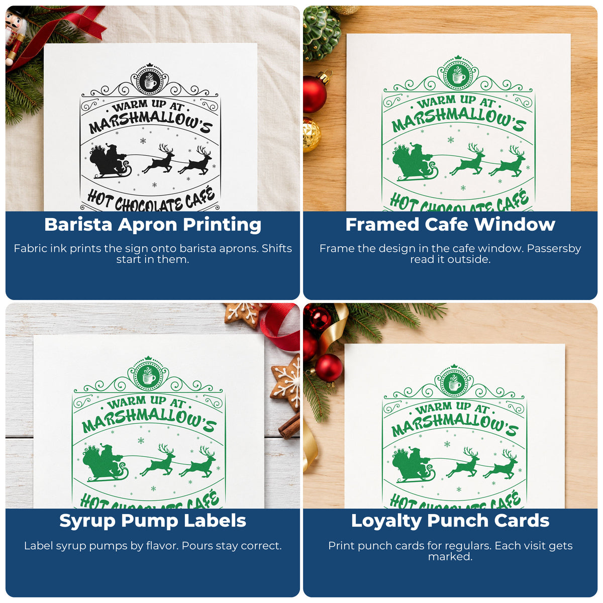 Four ways to use the Warm Up At Marshmallow's Hot Chocolate Cafe Self-Inking Stamp: barista apron printing, framed cafe window, syrup pump labels and loyalty punch cards.