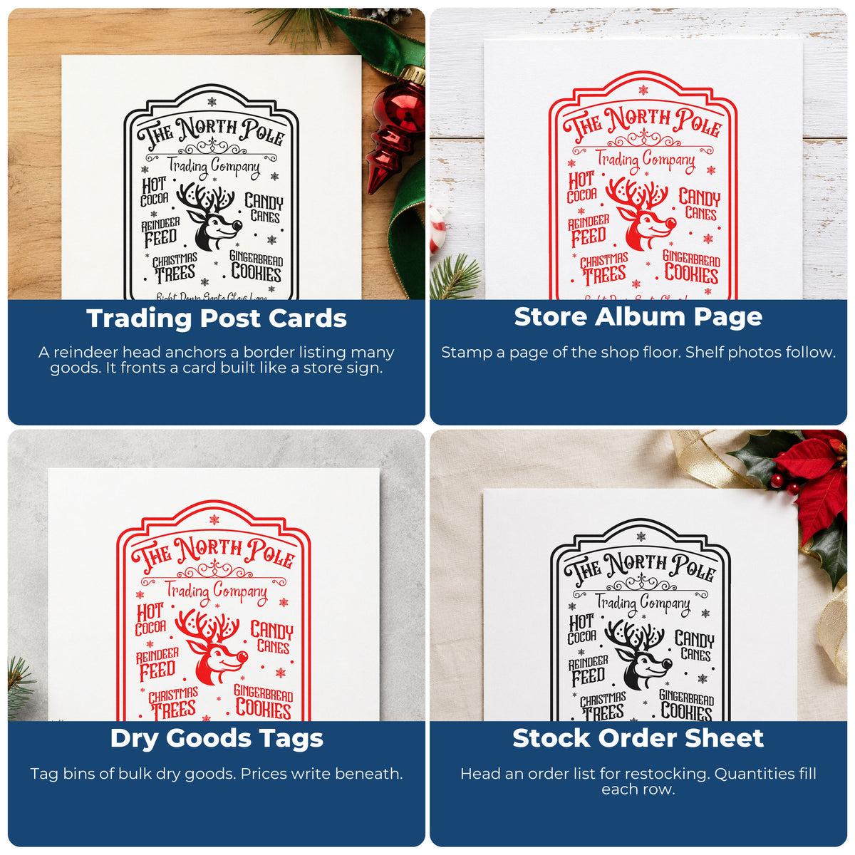 Four ways to use the Pre-Inked North Pole Trading Company Sign Candy Cane Stamp – PSI: trading post cards, store album page, dry goods tags and stock order sheet.