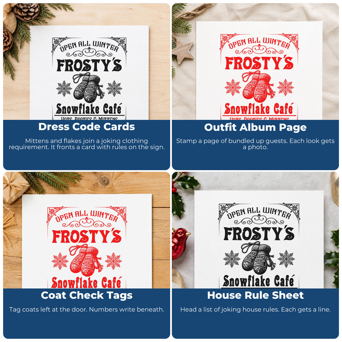 Four ways to use the Frosty's Snowflake Cafe Sign Mittens Slim Pre-Inked Stamp: dress code cards, outfit album page, coat check tags and house rule sheet.