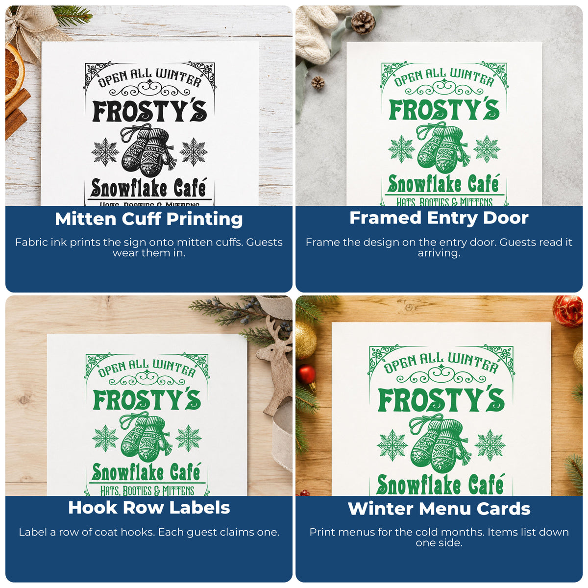 Four ways to use the Frosty's Snowflake Cafe Sign Mittens Slim Pre-Inked Stamp: mitten cuff printing, framed entry door, hook row labels and winter menu cards.