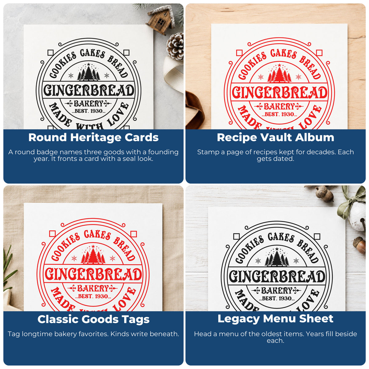Four ways to use the Slim Pre-Inked Gingerbread Bakery Made With Love Stamp: round heritage cards, recipe vault album, classic goods tags and legacy menu sheet.
