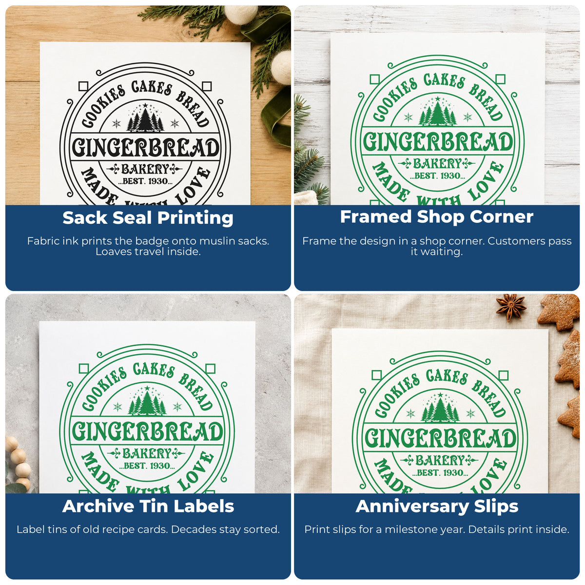 Four ways to use the Gingerbread Bakery Made With Love Pre-Inked Stamp – PSI: sack seal printing, framed shop corner, archive tin labels and anniversary slips.