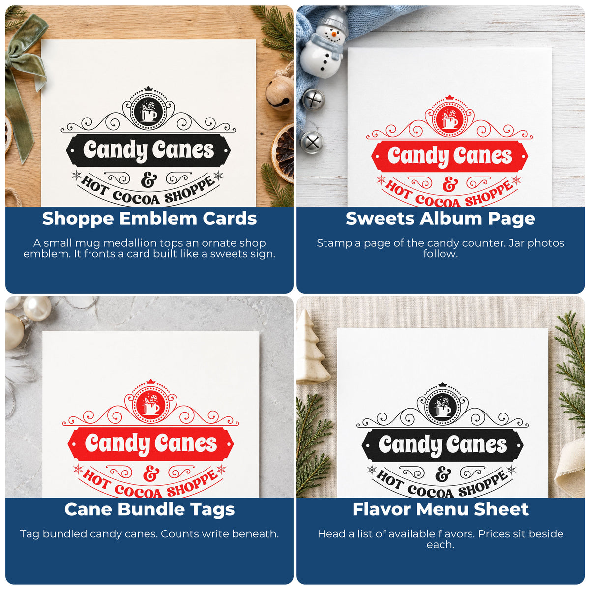 Four ways to use the Self-Inking Candy Canes & Hot Cocoa Shoppe Stamp: shoppe emblem cards, sweets album page, cane bundle tags and flavor menu sheet.