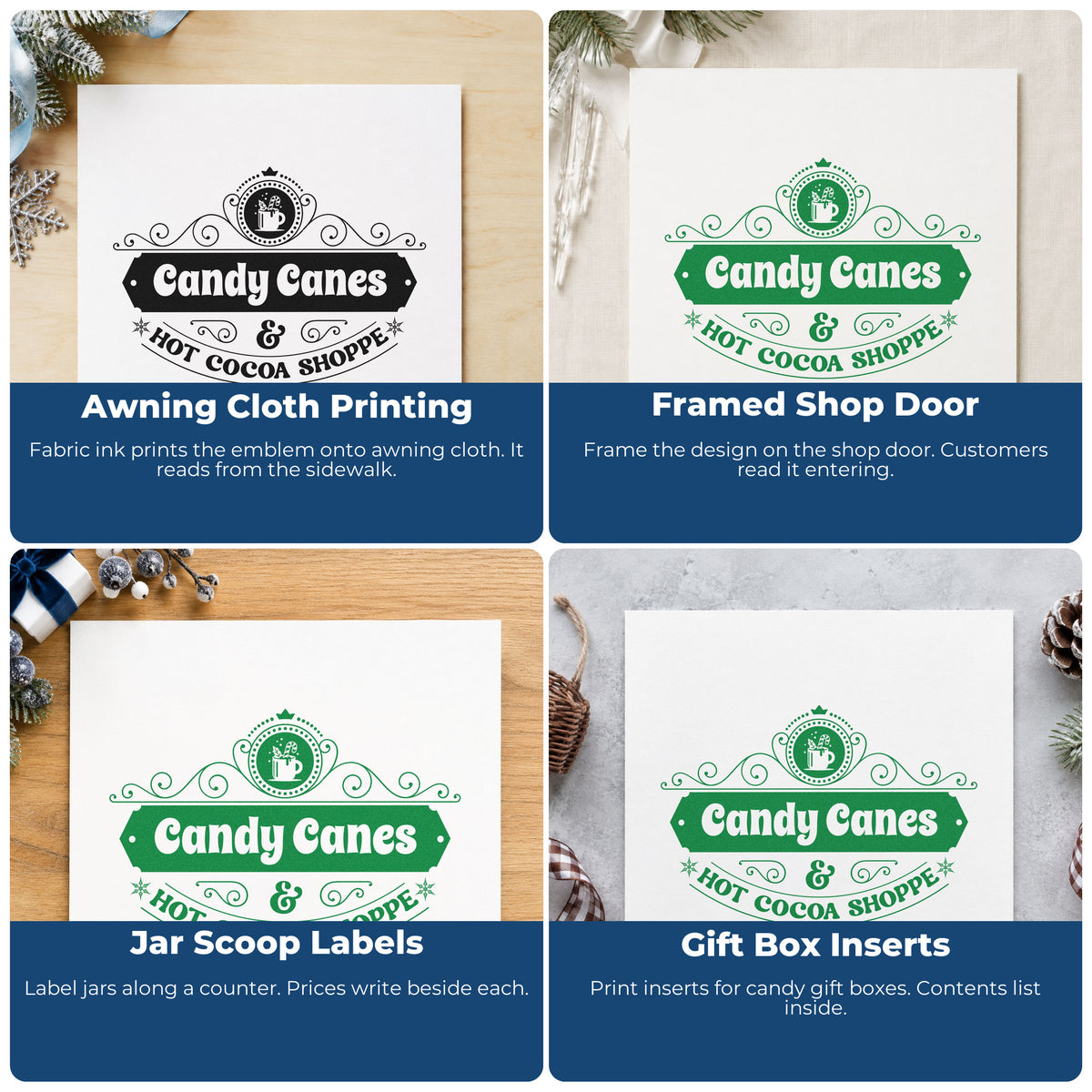 Four ways to use the Vintage Pro Candy Canes & Hot Cocoa Shoppe Premium Wooden Stamp: awning cloth printing, framed shop door, jar scoop labels and gift box inserts.