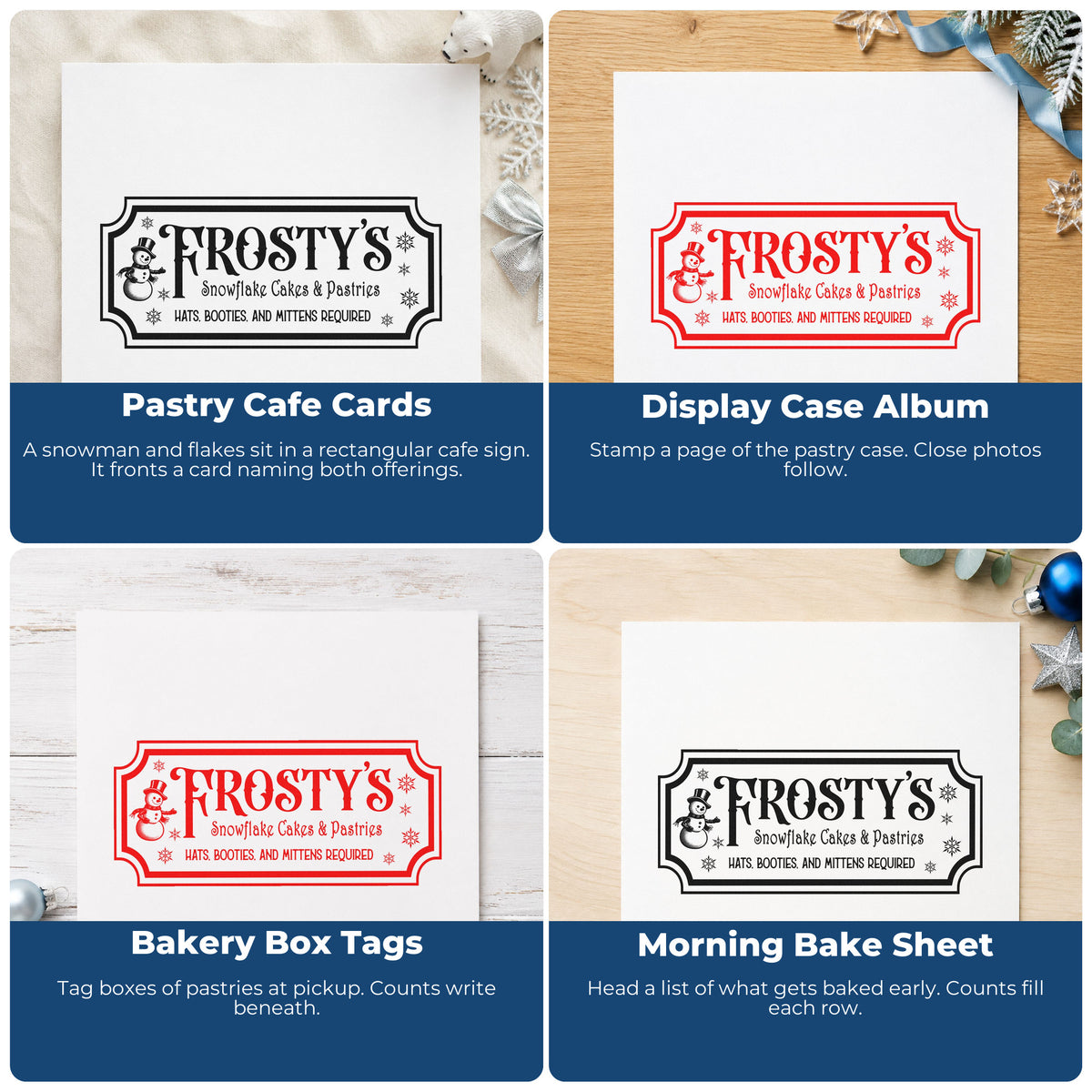 Four ways to use the Frosty's Snowflake Cafe Pastries Rubber Stamp – Duo Hand: pastry cafe cards, display case album, bakery box tags and morning bake sheet.