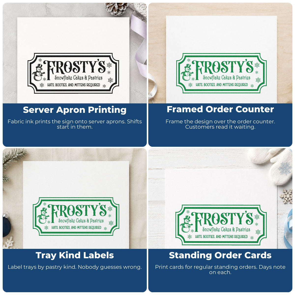 Four ways to use the Frosty's Snowflake Cafe Pastries Pre-Inked Stamp – Slim: server apron printing, framed order counter, tray kind labels and standing order cards.